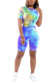 Blue Polyester Fashion Casual Print Tie Dye Two Piece Suits pencil Short Sleeve Two Pieces