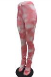 Pink Fashion Casual Print Tie Dye Fold Skinny Mid Waist Trousers