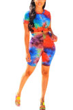 Fluorescent green Fashion Casual adult Patchwork Print Tie Dye Two Piece Suits pencil Short Sleeve Two Pieces