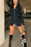 Light Blue Fashion Sexy Solid Basic Zipper Collar Long Sleeve Dress