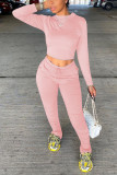 Pink Polyester Fashion Solid pencil Long Sleeve Two Pieces
