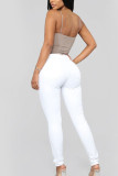 White Denim Zipper Fly High Solid washing pencil Pants Bottoms