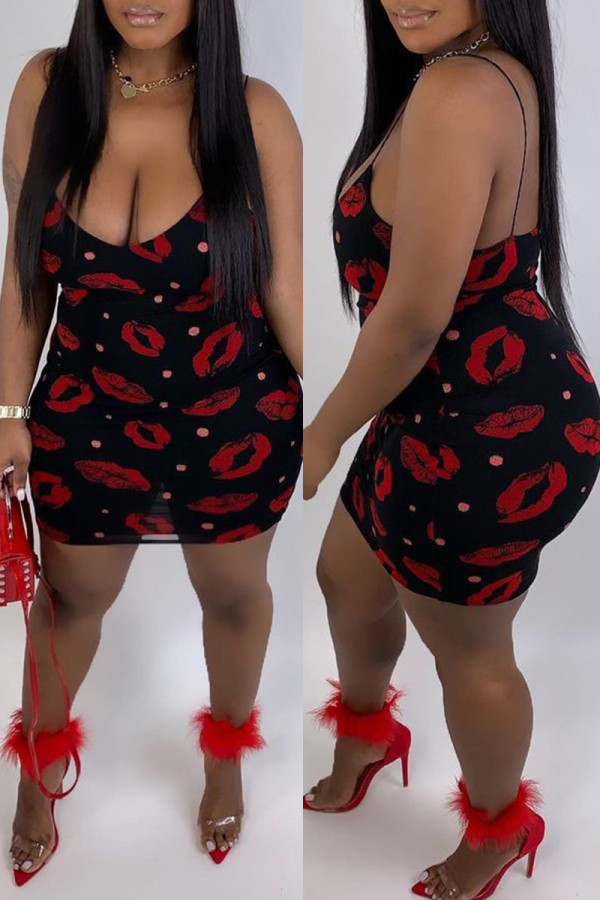 Black Fashion Sexy Lips Printed Backless O Neck Sling Dress