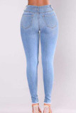 Light Blue Denim Zipper Fly Mid Solid Hole washing pencil Pants Bottoms