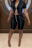 Milky Sexy Solid Patchwork Zipper Collar Short Sleeve Two Pieces