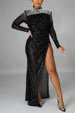 Black Fashion Sexy Patchwork Sequins Slit Half A Turtleneck Long Sleeve Dress
