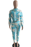 Peacock Blue Sexy Casual Print Tie-dye O Neck Long Sleeve Two Pieces