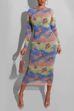 Light Blue Sexy Print Patchwork O Neck Pencil Skirt Dresses