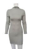 Grey Sexy Solid Patchwork Turtleneck Wrapped Skirt Dresses