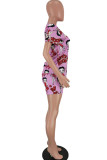 Pink Polyester Fashion Sexy adult Ma'am Letter Patchwork Print Character Two Piece Suits pencil Short Sleeve Two Pieces