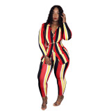 Red Elastic Fly Long Sleeve Mid Striped Loose Pants
