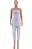 Colour Sexy Casual Print Tie Dye Backless Spaghetti Strap Sleeveless Two Pieces
