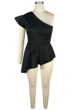 Black Polyester One Shoulder Collar Sleeveless ruffle Solid asymmetrical Patchwork Mesh