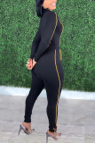 Black Casual Solid Patchwork Zipper Collar Skinny Jumpsuits