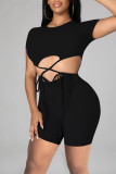 Grey Fashion Sexy Solid Hollowed Out Strap Design O Neck Regular Romper