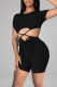 Black Fashion Sexy Solid Hollowed Out Strap Design O Neck Regular Romper