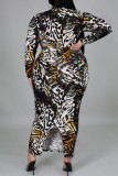 Leopard Print Casual Print O Neck Plus Size 