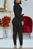 Black Street Polyester Solid Split Joint O Neck Long Sleeve Regular Sleeve Short Two Pieces