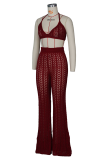 Burgundy Sexy Solid Patchwork Halter Sleeveless Two Pieces