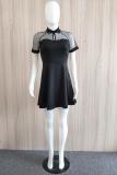 Black Polyester Fashion Sexy Cap Sleeve Short Sleeves Turndown Collar A-Line Mini Mesh fastener Solid Cas