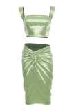 Green Casual Patchwork Frenulum Backless With Bow Spaghetti Strap Straight Dresses