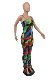 Tangerine Red Fashion Sexy Tie-dye Printed Sling Jumpsuit