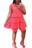 Red Fashion Casual adult Ma'am O Neck Striped Two Piece Suits Stripe Plus Size