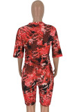 rose red Polyester Fashion Sexy adult Ma'am O Neck Print Two Piece Suits Stitching Plus Size
