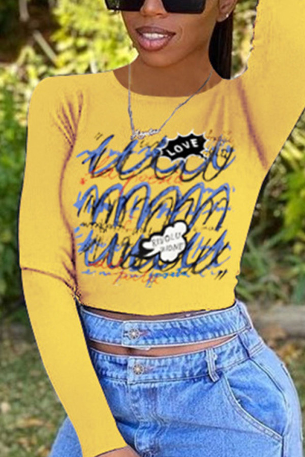 Yellow Casual Print O Neck Mid Waist Tops