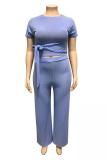 Blue Fashion adult Sexy O Neck Solid Two Piece Suits Bandage