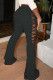 Black Fashion Casual Solid Hollowed Out Strap Design Boot Cut Mid Waist Trousers