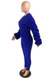 Blue Fashion adult Casual Patchwork Draped Solid Two Piece Suits pencil Long Sleeve
