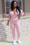 Pink Polyester Casual adult Fashion Zippered Patchwork Two Piece Suits Print pencil Long Sleeve Two-piec
