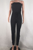Black Fashion Sexy Solid Patchwork Polyester Sleeveless Wrapped Jumpsuits