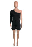 Black Casual Solid Backless Oblique Collar Regular Romper