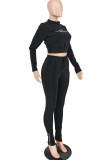 Black Fashion Casual Adult Embroidery Embroidered O Neck Long Sleeve Regular Sleeve Short Two Pieces