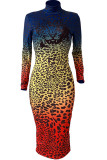 Red OL Cap Sleeve Long Sleeves half high collar Step Skirt Knee-Length Leopard Print