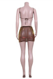 Dark Brown Fashion Sexy Solid See-through Backless Strap Design Spaghetti Strap Sleeveless Two Pieces