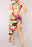 Multicolor Sexy Print High Opening Halter Sleeveless Two Pieces