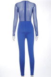 Blue Casual Solid Hollowed Out Patchwork O Neck Regular Jumpsuits