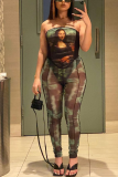 Camouflage Sexy Print Mesh Strapless Skinny Jumpsuits