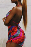 Multi-color Sexy Print Draw String Halter Pencil Skirt Dresses