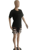 Black Fashion Casual Print Basic O Neck Short Sleeve Two Pieces