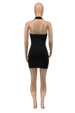 Blue Sexy Solid Hollowed Out Halter Pencil Skirt Dresses