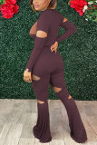 Ink Green Sexy Geometric Hollowed Out Patchwork O Neck Long Sleeve Two Pieces