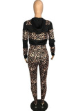 Black Sexy Leopard Patchwork Hooded Collar Long Sleeve Two Pieces