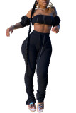 Black Polyester Fashion Sexy adult Patchwork Solid backless Draped Bandage Two Piece Suits pencil Nine Sleeves Two Pieces