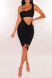 Blue Fashion Sexy Solid Hollowed Out One Shoulder Sleeveless Dress