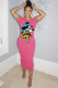 Pink Polyester Fashion adult Sexy Cap Sleeve Short Sleeves O neck A-Line Mid-Calf hole Print asymmetrical