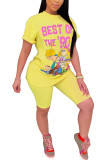 Yellow venetian Fashion adult Ma'am Street Patchwork Print Character Two Piece Suits Straight Short Sleeve Two Pieces